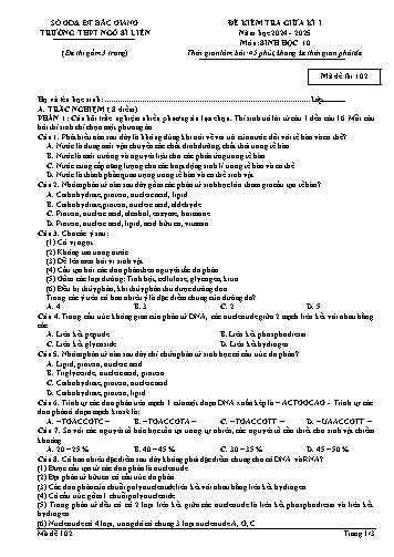 Đề kiểm tra giữa kì I Sinh học 10 - Mã đề 102 - Năm học 2024-2025 - Trường THPT Ngô Sĩ Liên (Có đáp án + Ma trận)