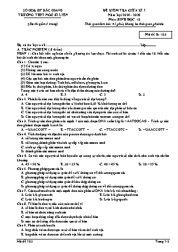 Đề kiểm tra giữa kì I Sinh học 10 - Mã đề 103 - Năm học 2024-2025 - Trường THPT Ngô Sĩ Liên (Có đáp án + Ma trận)
