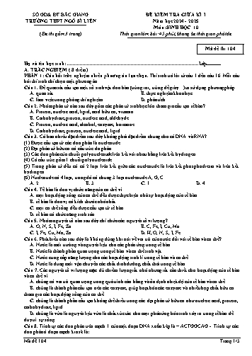 Đề kiểm tra giữa kì I Sinh học 10 - Mã đề 104 - Năm học 2024-2025 - Trường THPT Ngô Sĩ Liên (Có đáp án + Ma trận)