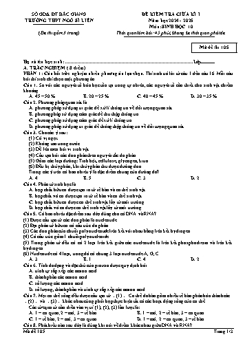 Đề kiểm tra giữa kì I Sinh học 10 - Mã đề 105 - Năm học 2024-2025 - Trường THPT Ngô Sĩ Liên (Có đáp án + Ma trận)