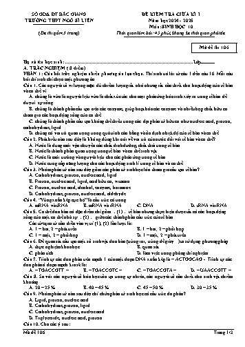 Đề kiểm tra giữa kì I Sinh học 10 - Mã đề 106 - Năm học 2024-2025 - Trường THPT Ngô Sĩ Liên (Có đáp án + Ma trận)