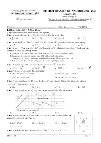 Đề kiểm tra giữa kì I Toán 10 - Mã đề 102 - Năm học 2022-2023 - Trường THPT Ngô Sĩ Liên