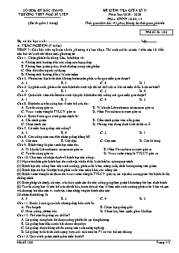 Đề kiểm tra giữa kì II Công nghệ 10 - Mã đề 106 - Năm học 2024-2025 - Trường THPT Ngô Sĩ Liên (Có đáp án + Ma trận)