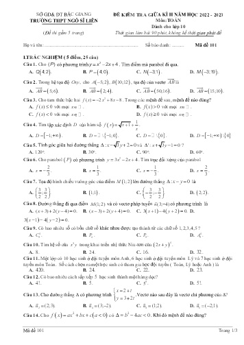 Đề kiểm tra giữa kì II Toán 10 - Mã đề 101 - Năm học 2022-2023 - Trường THPT Ngô Sĩ Liên