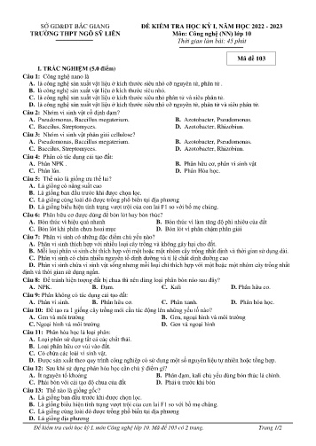Đề kiểm tra học kì I Công nghệ 10 - Mã đề 103 - Năm học 2022-2023 - Trường THPT Ngô Sỹ Liên