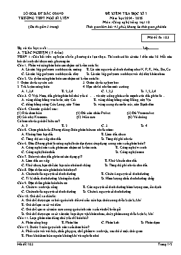 Đề kiểm tra học kì I Công nghệ 10 - Mã đề 103 - Năm học 2024-2025 - Trường THPT Ngô Sĩ Liên (Có đáp án + Ma trận)
