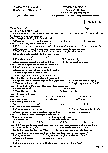 Đề kiểm tra học kì I Công nghệ 10 - Mã đề 105 - Năm học 2024-2025 - Trường THPT Ngô Sĩ Liên (Có đáp án + Ma trận)