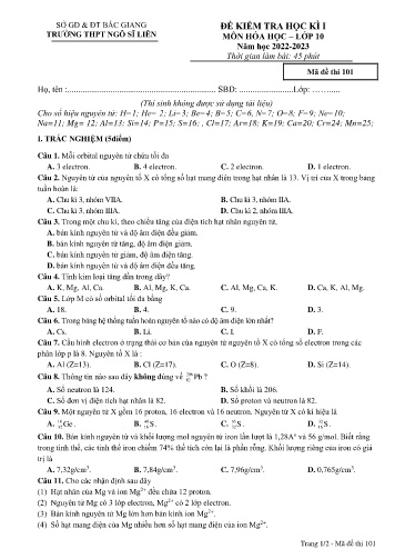Đề kiểm tra học kì I Hóa học 10 - Mã đề 101 - Năm học 2022-2023 - Trường THPT Ngô Sĩ Liên