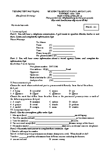 Đề kiểm tra rèn kĩ năng Tiếng Anh 10 - Mã đề 101 - Năm học 2023-2024 - Trường THPT Mỏ Trạng (Có đáp án + File nghe)