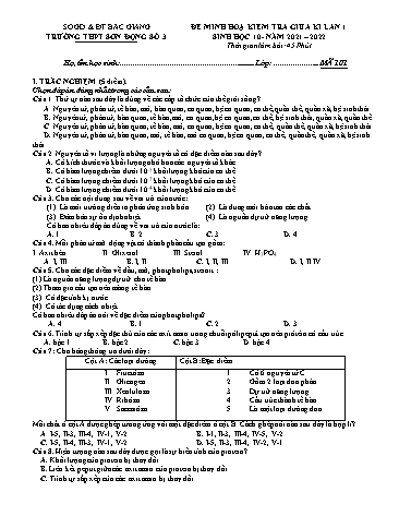 Đề minh họa kiểm tra giữa kì Sinh học 10 (Lần 1) - Mã đề 101 - Năm học 2021-2022 - Trường THPT Sơn Động số 3