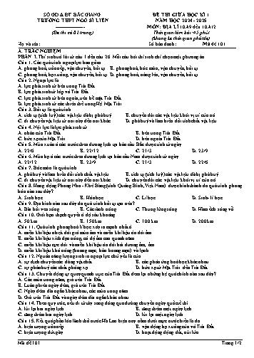 Đề thi giữa học kì I Địa lí 10 - Mã đề 101 - Năm học 2024-2025 - Trường THPT Ngô Sĩ Liên (Có đáp án + Ma trận)