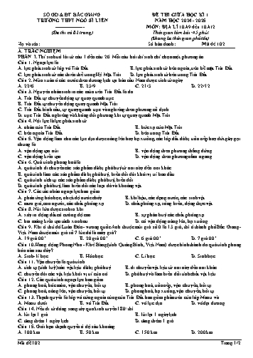 Đề thi giữa học kì I Địa lí 10 - Mã đề 102 - Năm học 2024-2025 - Trường THPT Ngô Sĩ Liên (Có đáp án + Ma trận)