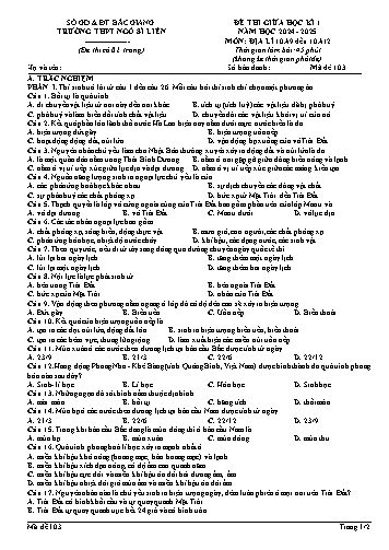 Đề thi giữa học kì I Địa lí 10 - Mã đề 103 - Năm học 2024-2025 - Trường THPT Ngô Sĩ Liên (Có đáp án + Ma trận)