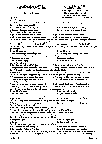 Đề thi giữa học kì I Địa lí 10 - Mã đề 104 - Năm học 2024-2025 - Trường THPT Ngô Sĩ Liên (Có đáp án + Ma trận)