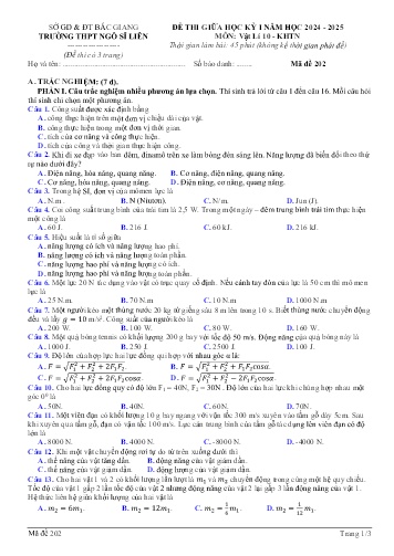 Đề thi giữa học kì I Vật lí 10 - Mã đề 202 - Năm học 2024-2025 - Trường THPT Ngô Sĩ Liên (Có đáp án + Ma trận)