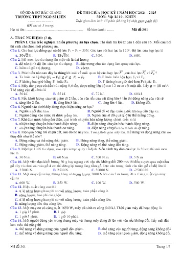 Đề thi giữa học kì I Vật lí 10 - Mã đề 301 - Năm học 2024-2025 - Trường THPT Ngô Sĩ Liên (Có đáp án + Ma trận)