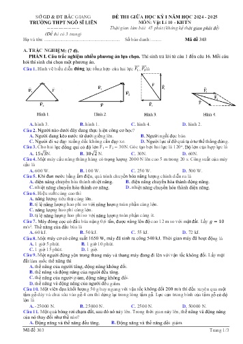 Đề thi giữa học kì I Vật lí 10 - Mã đề 303 - Năm học 2024-2025 - Trường THPT Ngô Sĩ Liên (Có đáp án + Ma trận)