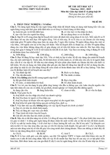 Đề thi học kì I GDKT&PL 10 - Mã đề 101 - Năm học 2022-2023 - Trường THPT Ngô Sĩ Liên