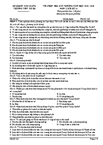 Đề thi HSG cấp trường Lịch sử 10 - Mã đề 104 - Năm học 2024-2025 - Trường THPT Bố Hạ (Có đáp án)