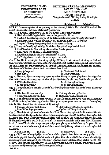 Đề thi HSG văn hóa cấp trường GDKT&PL 10 - Mã đề 101 - Năm học 2024-2025 - Trường THPT Bố Hạ (Có đáp án)