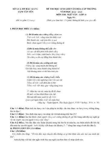 Đề thi HSG văn hóa cấp Trường Ngữ văn 10 - Năm học 2022-2023 - Sở GD&ĐT Bắc Giang (Có đáp án)