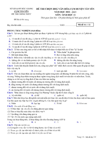 Đề thi HSG văn hóa cụm Huyện Tân Yên Sinh học 10 - Mã đề 132 - Năm học 2022-2023 - Sở GD&ĐT Bắc Giang
