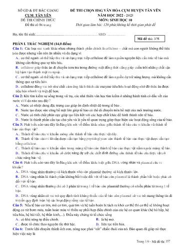 Đề thi HSG văn hóa cụm Huyện Tân Yên Sinh học 10 - Mã đề 375 - Năm học 2022-2023 - Sở GD&ĐT Bắc Giang