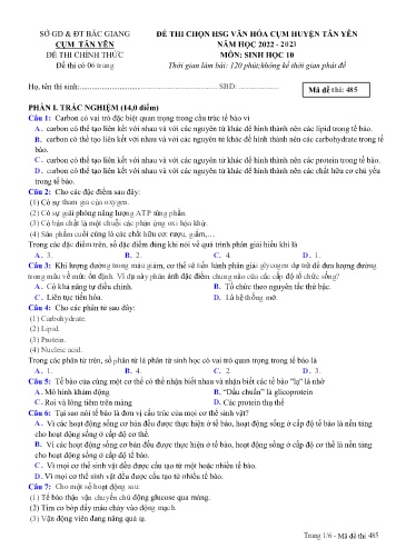 Đề thi HSG văn hóa cụm Huyện Tân Yên Sinh học 10 - Mã đề 485 - Năm học 2022-2023 - Sở GD&ĐT Bắc Giang