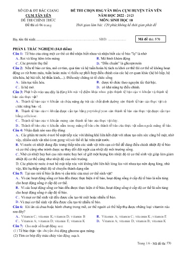 Đề thi HSG văn hóa cụm Huyện Tân Yên Sinh học 10 - Mã đề 570 - Năm học 2022-2023 - Sở GD&ĐT Bắc Giang