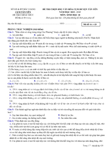 Đề thi HSG văn hóa cụm Huyện Tân Yên Sinh học 10 - Mã đề 628 - Năm học 2022-2023 - Sở GD&ĐT Bắc Giang