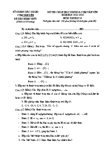 Đề thi HSG văn hóa Cụm Tân Yên Tin học 10 - Đề 1 - Năm học 2021-2022 - Sở GD&ĐT Bắc Giang (Có đáp án)