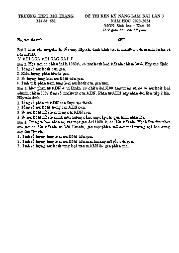 Đề thi rèn kĩ năng làm bài Sinh học 10 (Lần 3) - Mã đề 681 - Năm học 2023-2024 - Trường THPT Mỏ Trạng (Có đáp án)