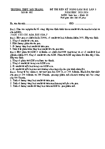 Đề thi rèn kĩ năng làm bài Sinh học 10 (Lần 3) - Mã đề 682 - Năm học 2023-2024 - Trường THPT Mỏ Trạng (Có đáp án)