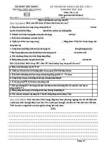 Đề thi rèn kĩ năng làm bài Vật lí 10 (Lần 3) - Đề 1 - Năm học 2023-2024 - Trường THPT Mỏ Trạng (Có đáp án)