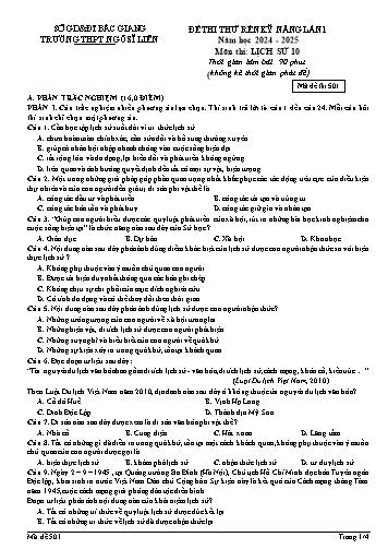 Đề thi rèn kĩ năng Lịch sử 10 (Lần 1) - Mã đề 501 - Năm học 2024-2025 - Trường THPT Ngô Sĩ Liên (Có đáp án + Ma trận)