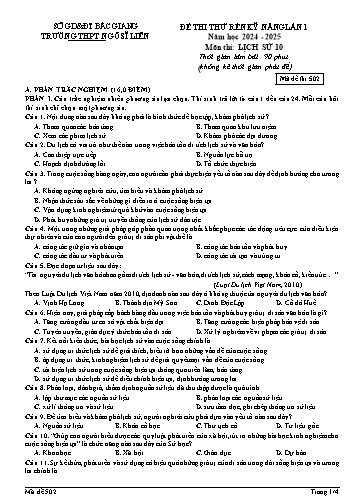 Đề thi rèn kĩ năng Lịch sử 10 (Lần 1) - Mã đề 502 - Năm học 2024-2025 - Trường THPT Ngô Sĩ Liên (Có đáp án + Ma trận)