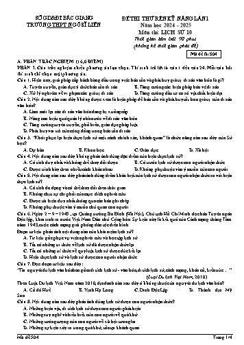 Đề thi rèn kĩ năng Lịch sử 10 (Lần 1) - Mã đề 504 - Năm học 2024-2025 - Trường THPT Ngô Sĩ Liên (Có đáp án + Ma trận)
