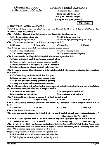 Đề thi rèn kĩ năng Lịch sử 10 (Lần 1) - Mã đề 506 - Năm học 2024-2025 - Trường THPT Ngô Sĩ Liên (Có đáp án + Ma trận)
