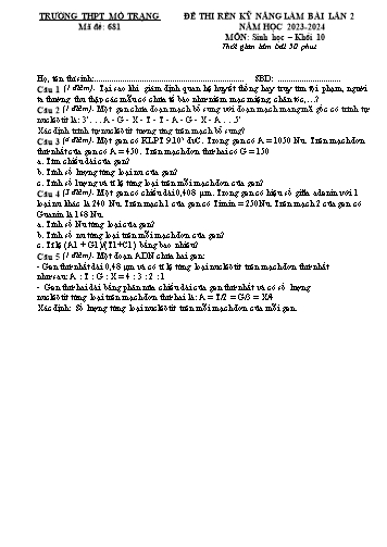 Đề thi rèn kĩ năng Sinh học 10 - Mã đề 681 - Năm học 2023-2024 - Trường THPT Mỏ Trạng (Có đáp án)
