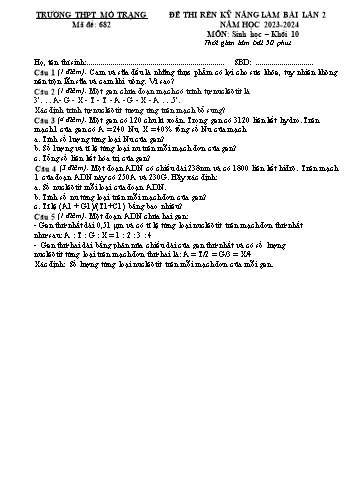 Đề thi rèn kĩ năng Sinh học 10 - Mã đề 682 - Năm học 2023-2024 - Trường THPT Mỏ Trạng (Có đáp án)