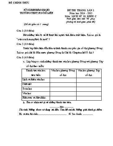 Đề thi tháng Lịch sử 10 (Lần 1) - Năm học 2014-2015 - Trường THPT Ngô Sĩ Liên (Có đáp án + Ma trận)