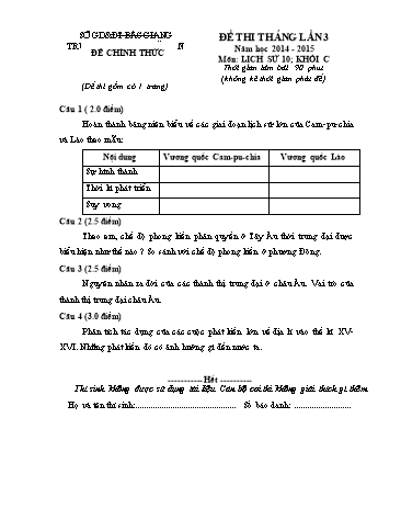 Đề thi tháng Lịch sử 10 (Lần 3) - Năm học 2014-2015 - Sở GD&ĐT Bắc Giang (Có đáp án)
