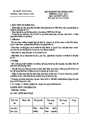 Đề thi tháng Lịch sử 10 (Lần 4) - Năm học 2014-2015 - Trường THPT Ngô Sĩ Liên (Có đáp án + Ma trận)