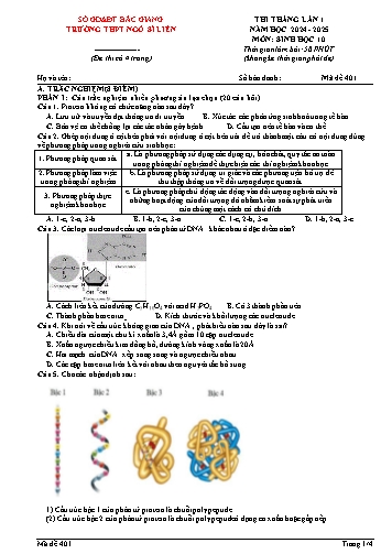 Đề thi tháng Sinh học 10 (Lần 1) - Mã đề 401 - Năm học 2024-2025 - Trường THPT Ngô Sĩ Liên (Có đáp án + Ma trận)