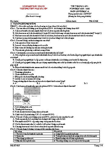 Đề thi tháng Sinh học 10 (Lần 1) - Mã đề 405 - Năm học 2024-2025 - Trường THPT Ngô Sĩ Liên (Có đáp án + Ma trận)