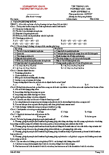 Đề thi tháng Sinh học 10 (Lần 1) - Mã đề 406 - Năm học 2024-2025 - Trường THPT Ngô Sĩ Liên (Có đáp án + Ma trận)