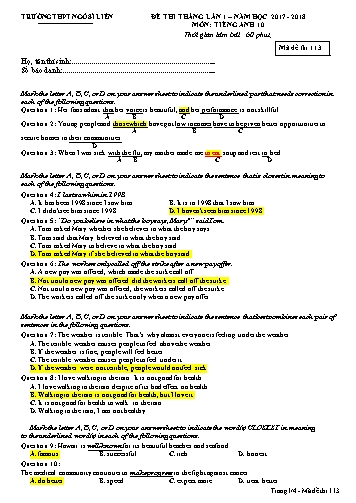 Đề thi tháng Tiếng Anh 10 (Lần 1) - Mã đề 113 - Năm học 2017-2018 - Trường THPT Ngô Sĩ Liên (Có đáp án)