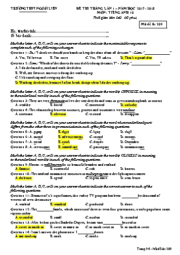Đề thi tháng Tiếng Anh 10 (Lần 1) - Mã đề 209 - Năm học 2017-2018 - Trường THPT Ngô Sĩ Liên (Có đáp án)