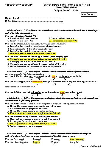 Đề thi tháng Tiếng Anh 10 (Lần 1) - Mã đề 469 - Năm học 2017-2018 - Trường THPT Ngô Sĩ Liên (Có đáp án)