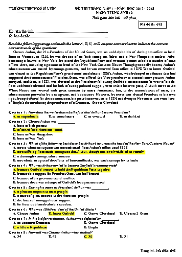 Đề thi tháng Tiếng Anh 10 (Lần 1) - Mã đề 698 - Năm học 2017-2018 - Trường THPT Ngô Sĩ Liên (Có đáp án)